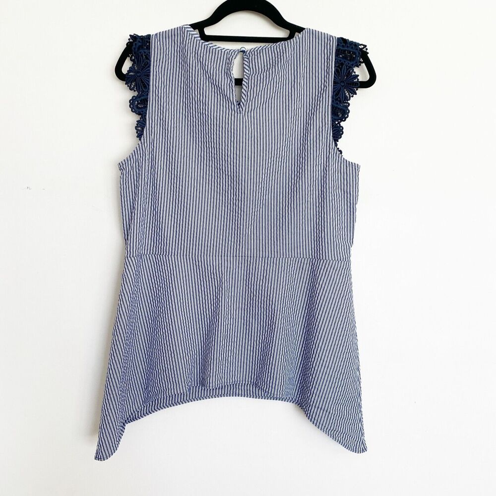 Cabi Blouse Top Women's Size M Navy Blue Striped Lace Ruffle Sleeve Cotton - Picture 4 of 8